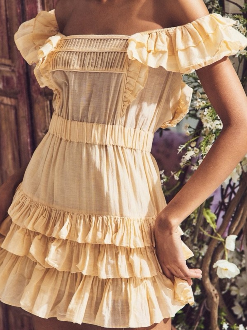 New! LoveShackFancy Ivoire Pale Yellow Ruffle Baby Doll Mini Dress Warm Sand💛 XS